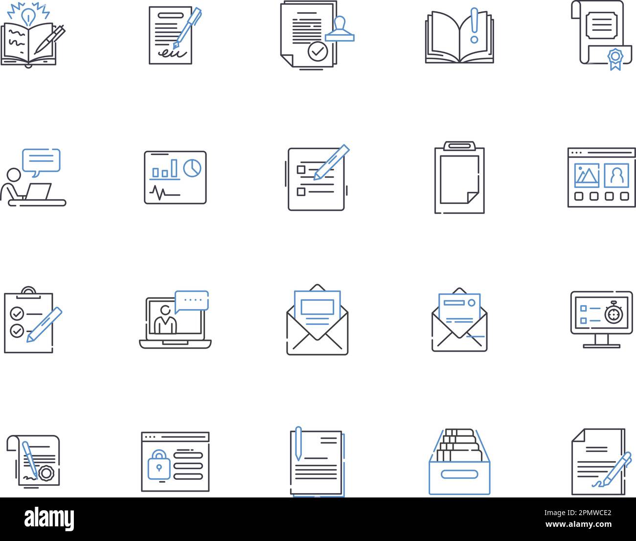 Text and copywriting outline icons collection. Texting, Copywriting, Editing, Proofreading, Storytelling, Publishing, Content vector and illustration Stock Vector