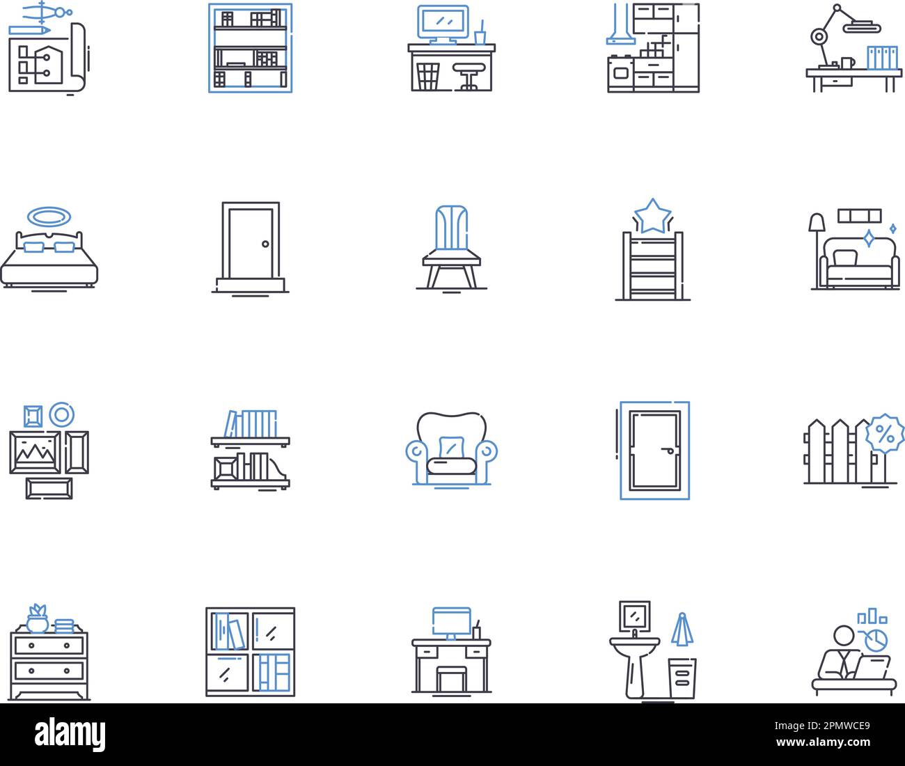 Furniture outline icons collection. Couch, Chair, Table, Desk, Bed