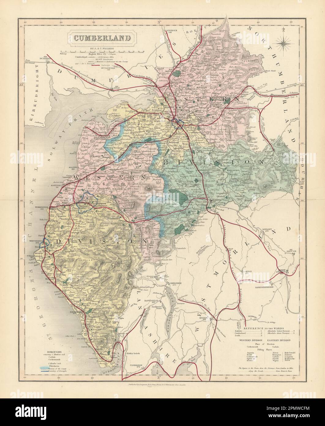Cumberland antique county map by J & C Walker. Railways & boroughs 1870 Stock Photo Alamy