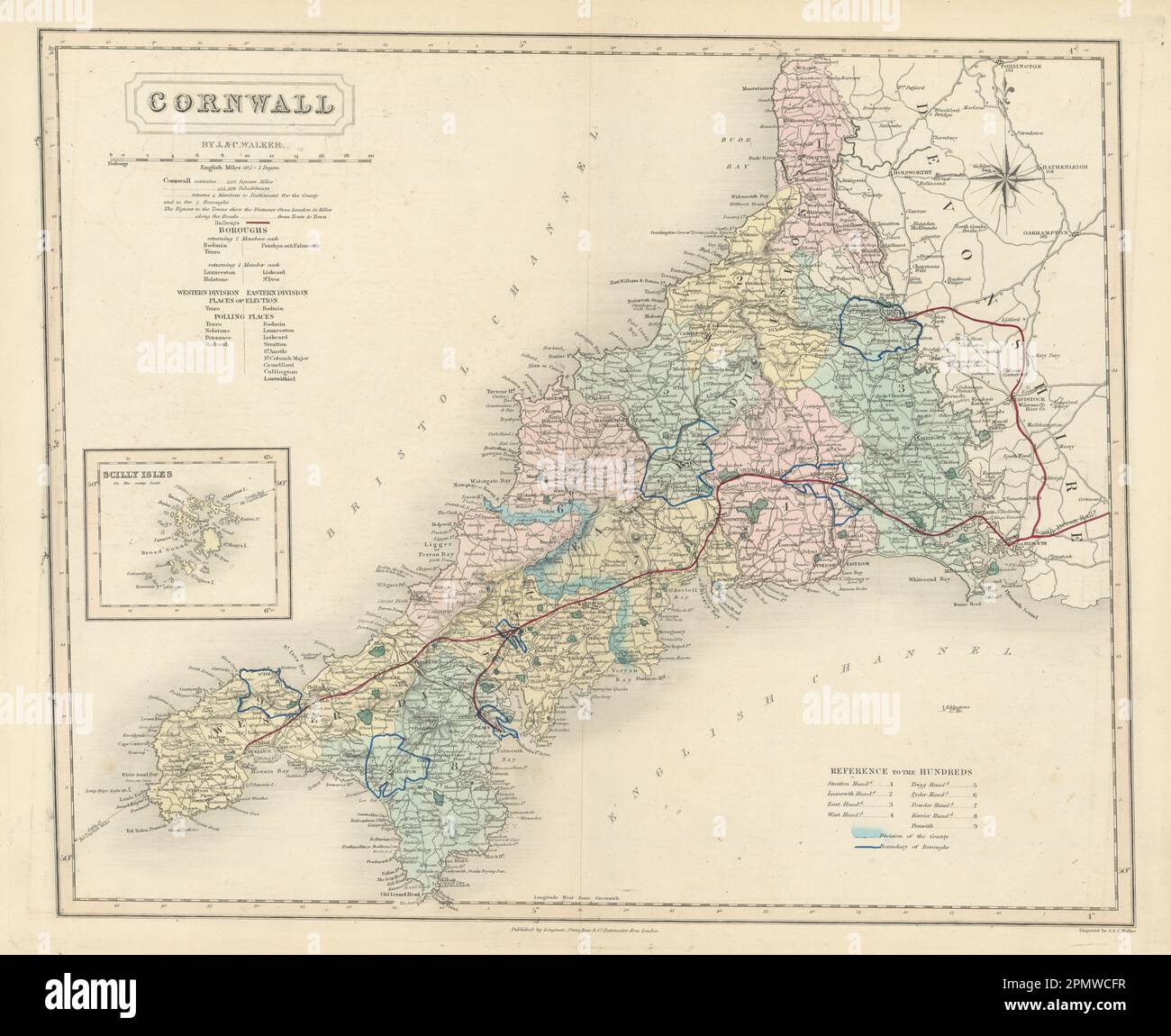 Cornwall antique county map by J & C Walker. Railways & boroughs 1870