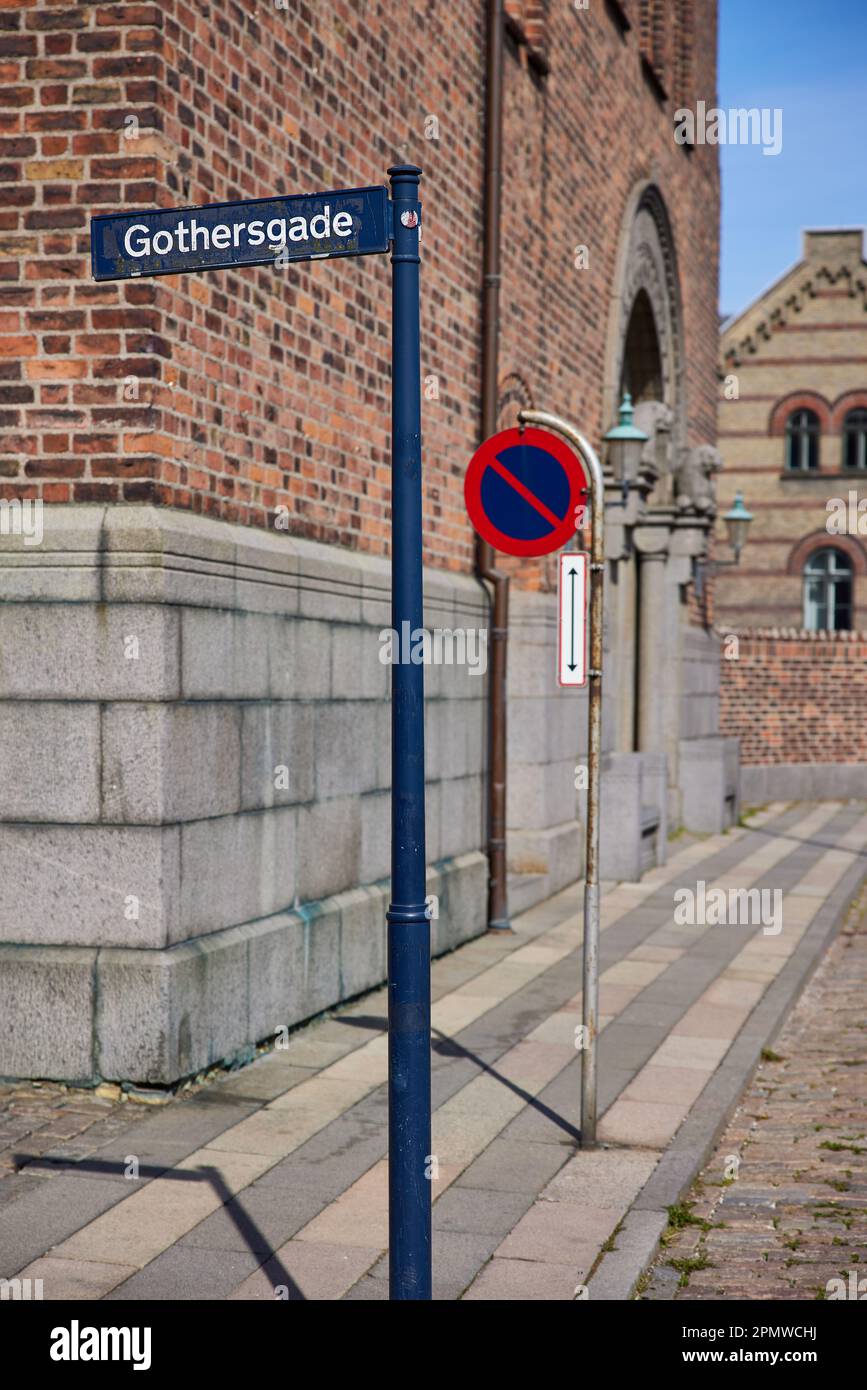 Gothersgade, street sign on corner of Gothersgade and Øster Farimagsgade, by Sct. Andreas Kirke; Copenhagen, Denmark Stock Photo