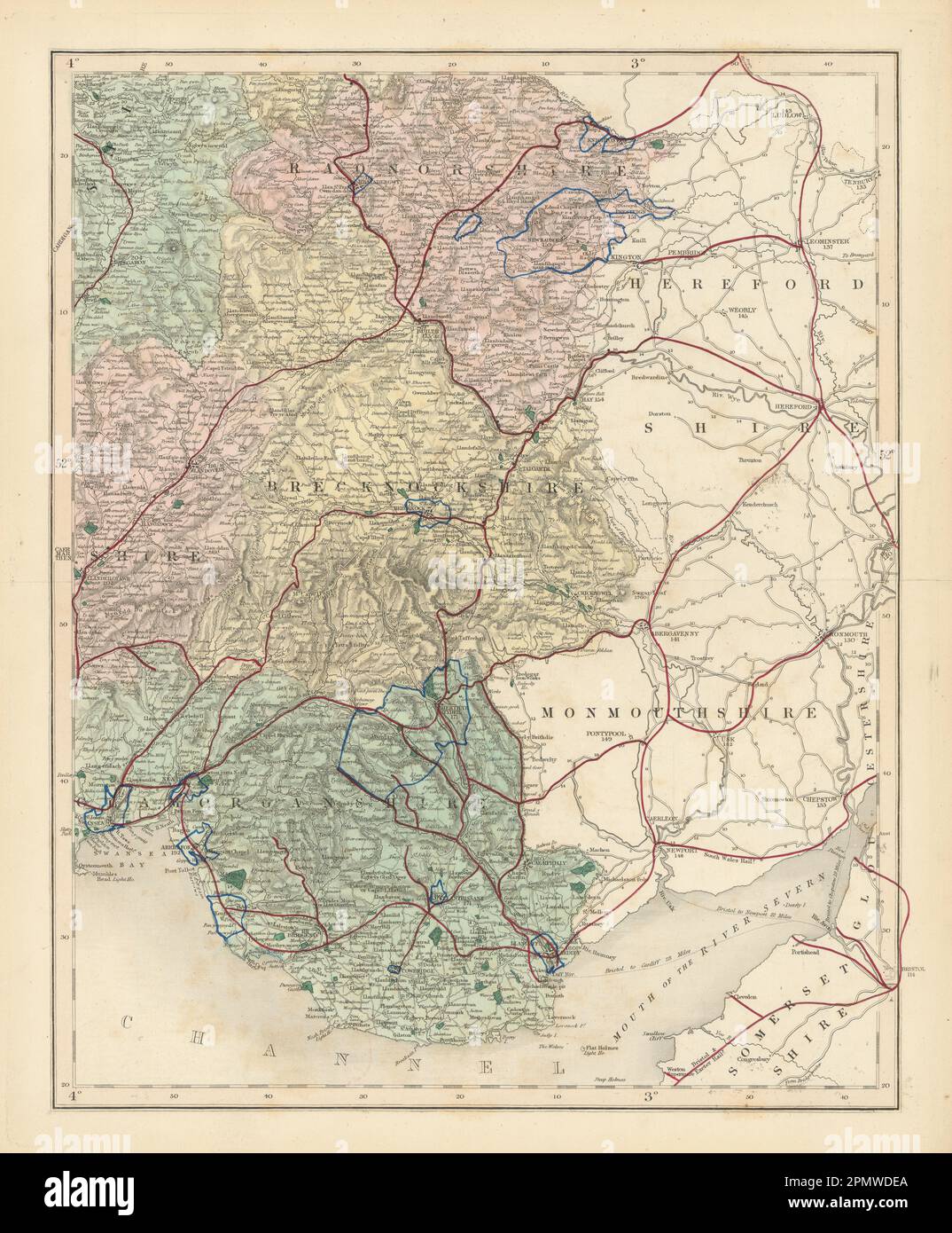 Radnorshire Brecknockshire Glamorganshire antique map. WALKER. Railways 1870 Stock Photo