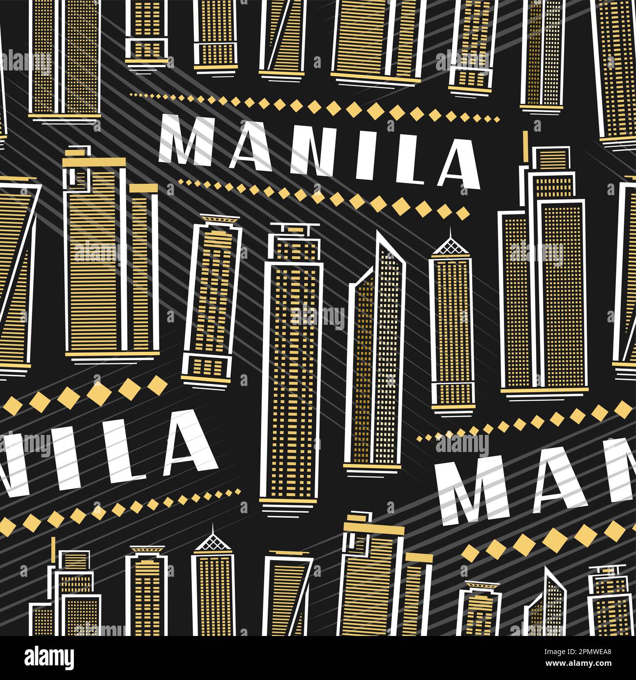 Vector Manila Seamless Pattern, square repeating background with illustration of famous manila city scape on dark background for wrapping paper, decor Stock Vector