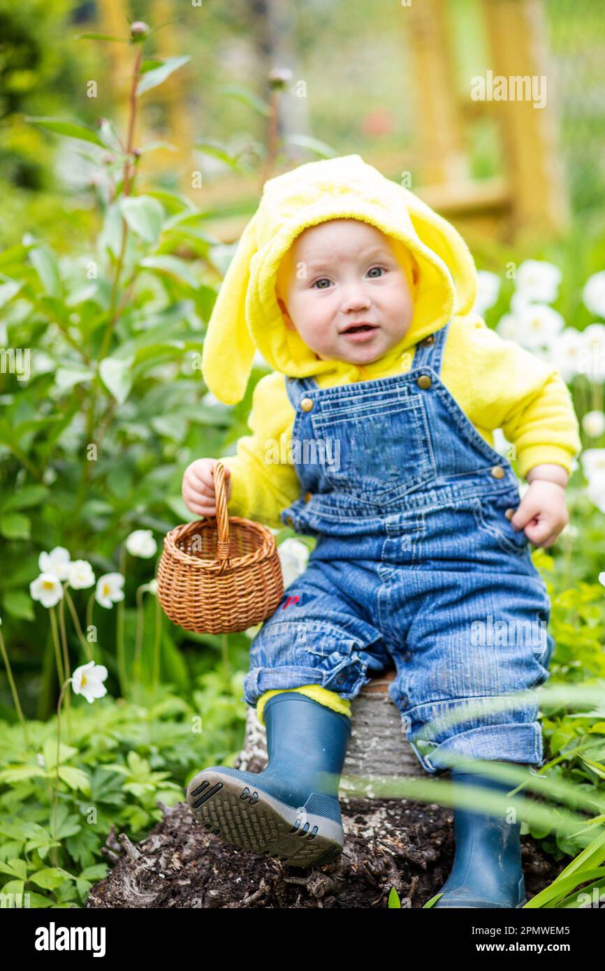 child in suit to gardeners and rubber boots sits on stump with a basket. Planting Plant Concept Stock Photo