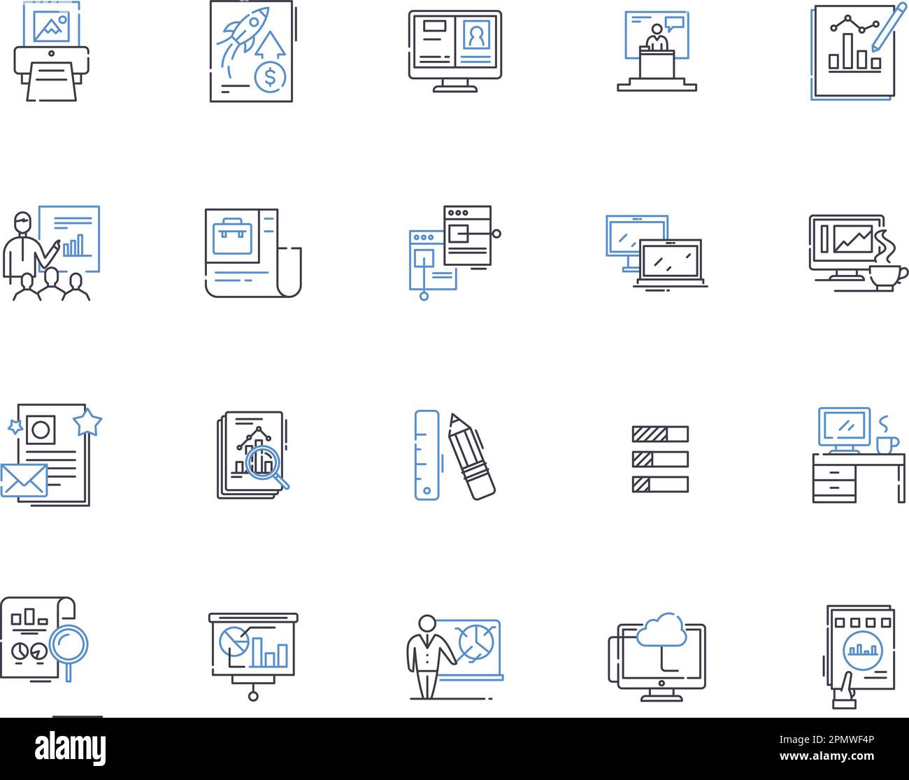 Presentation outline icons collection. Presentation, Speech, Slideshow, Demonstration, Exposition, Talk, Lecture vector and illustration concept set Stock Vector