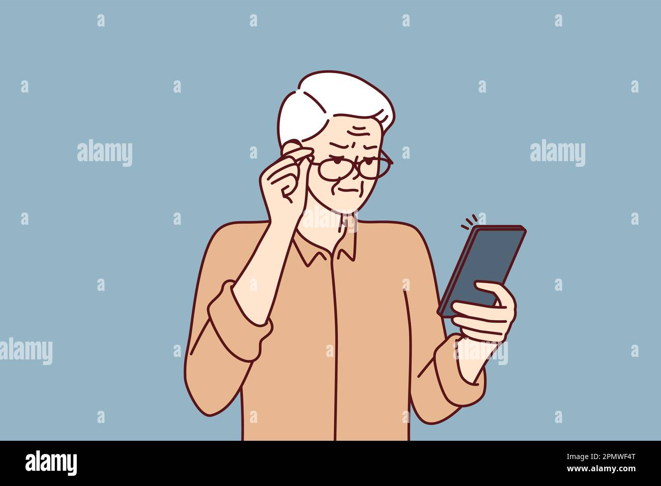 Elderly man with poor eyesight squint looking at screen of mobile phone to read SMS. Grandpa is having vision problems due to cataracts in eyes and needs help of ophthalmologist doctor  Stock Vector