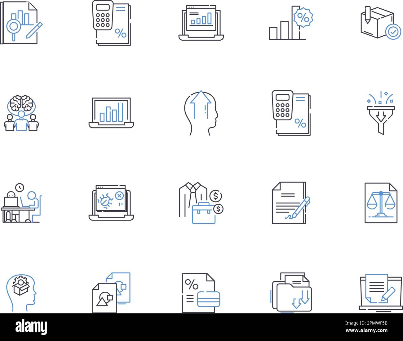 Analytics outline icons collection. Analysis, Trends, Data, Insights, Metrics, Surveys, KPIs vector and illustration concept set. Forecasts, Modeling Stock Vector