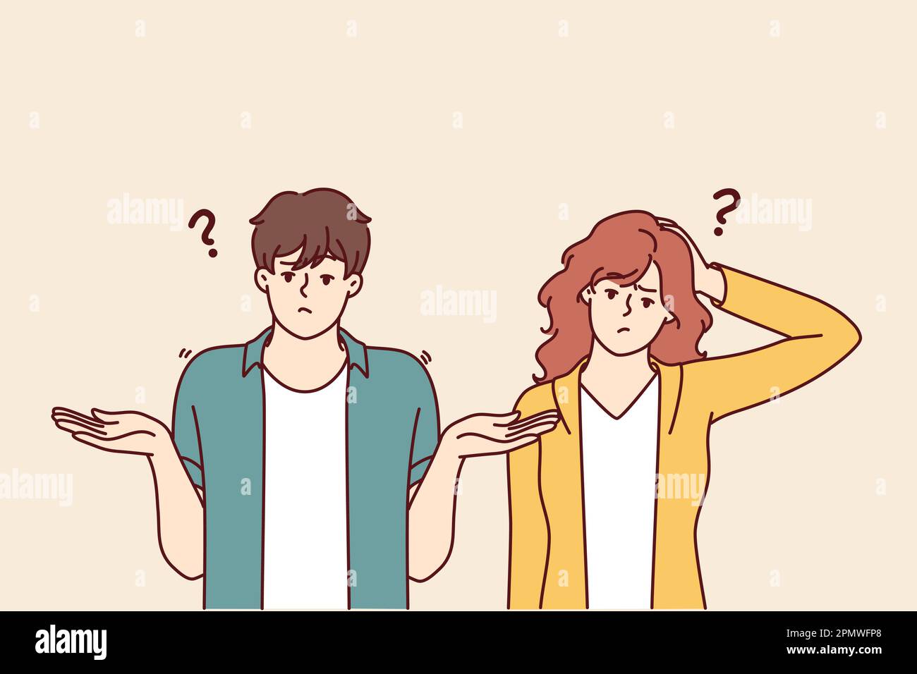 Problem Happining Doubting man and woman shrug hands and touch heads, sign of absence of ...