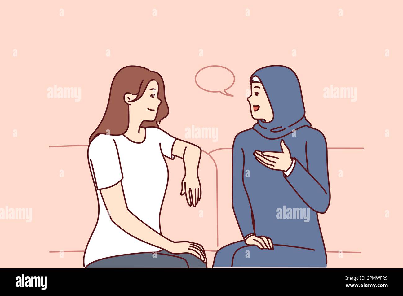 Girls from different ethnicities are talking sitting on couch demonstrating tolerance and lack of cultural prejudice. Woman in muslim clothes is talking to girlfriend of european appearance  Stock Vector