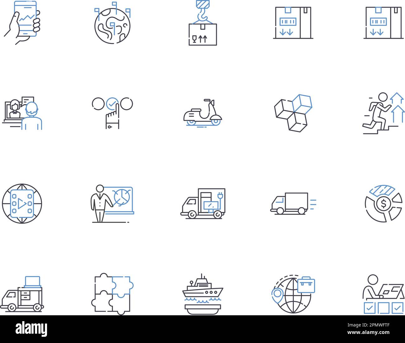 Distribution outline icons collection. Distribution, Spread, Allocation, Dissemination, Circulation, Partition, Shipment vector and illustration Stock Vector