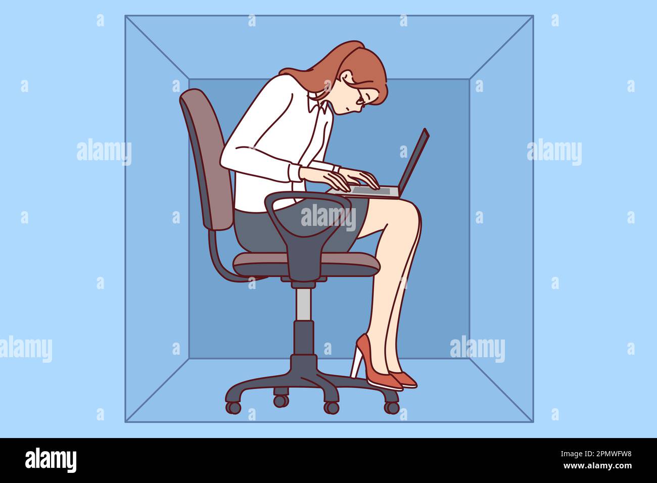 Woman with laptop sits in cardboard box typing article working in cramped office of small company. Young girl office worker is inconvenienced due to lack of free space in workplace Stock Vector
