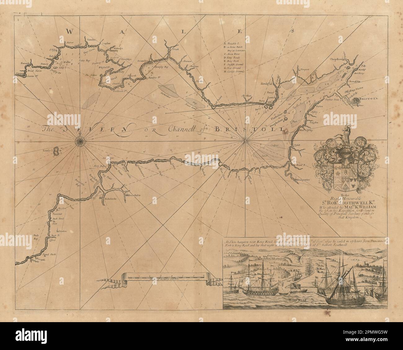The Severn or Channell of Bristoll sea/estuary chart by Capt COLLINS 1693 map Stock Photo