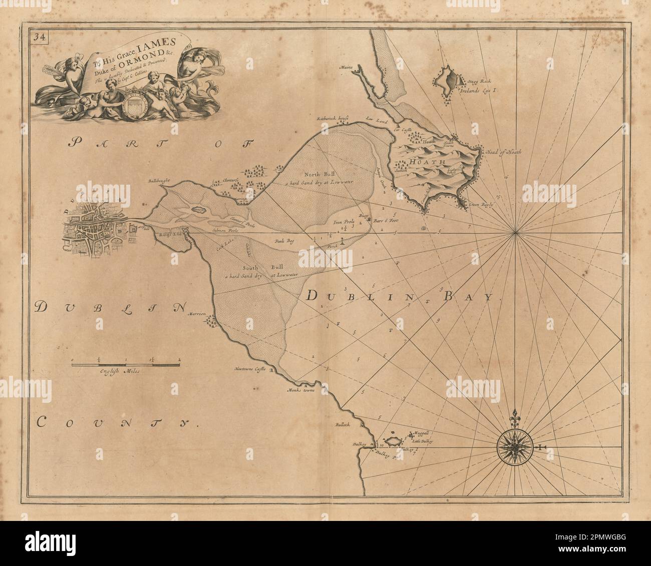 DUBLIN BAY sea chart. Howth Head Dalkey Clontarf Merrion. COLLINS 1693