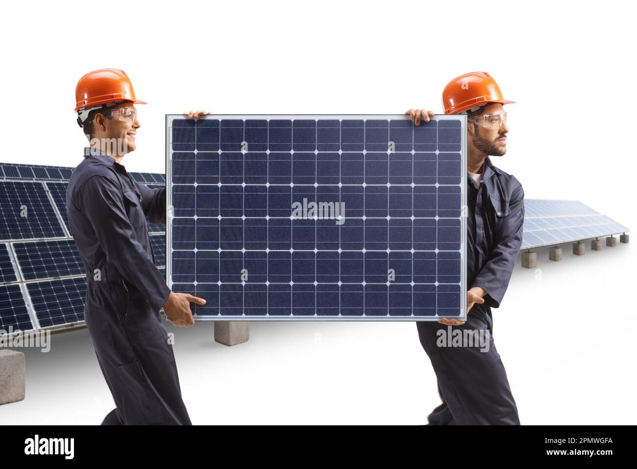 Factory workers walking and carrying a solar panel isolated on white ...