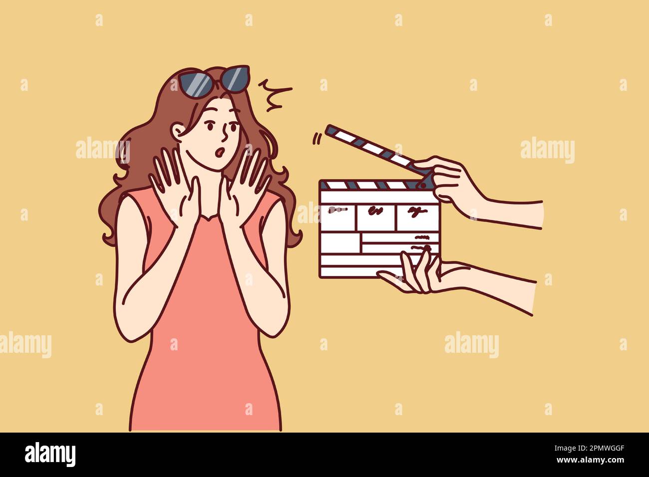 Woman movie star is embarrassed sees clapboard passing casting call for role in popular series or tv show. Movie star girl waving hands, not wanting to film or answer questions from reporters  Stock Vector
