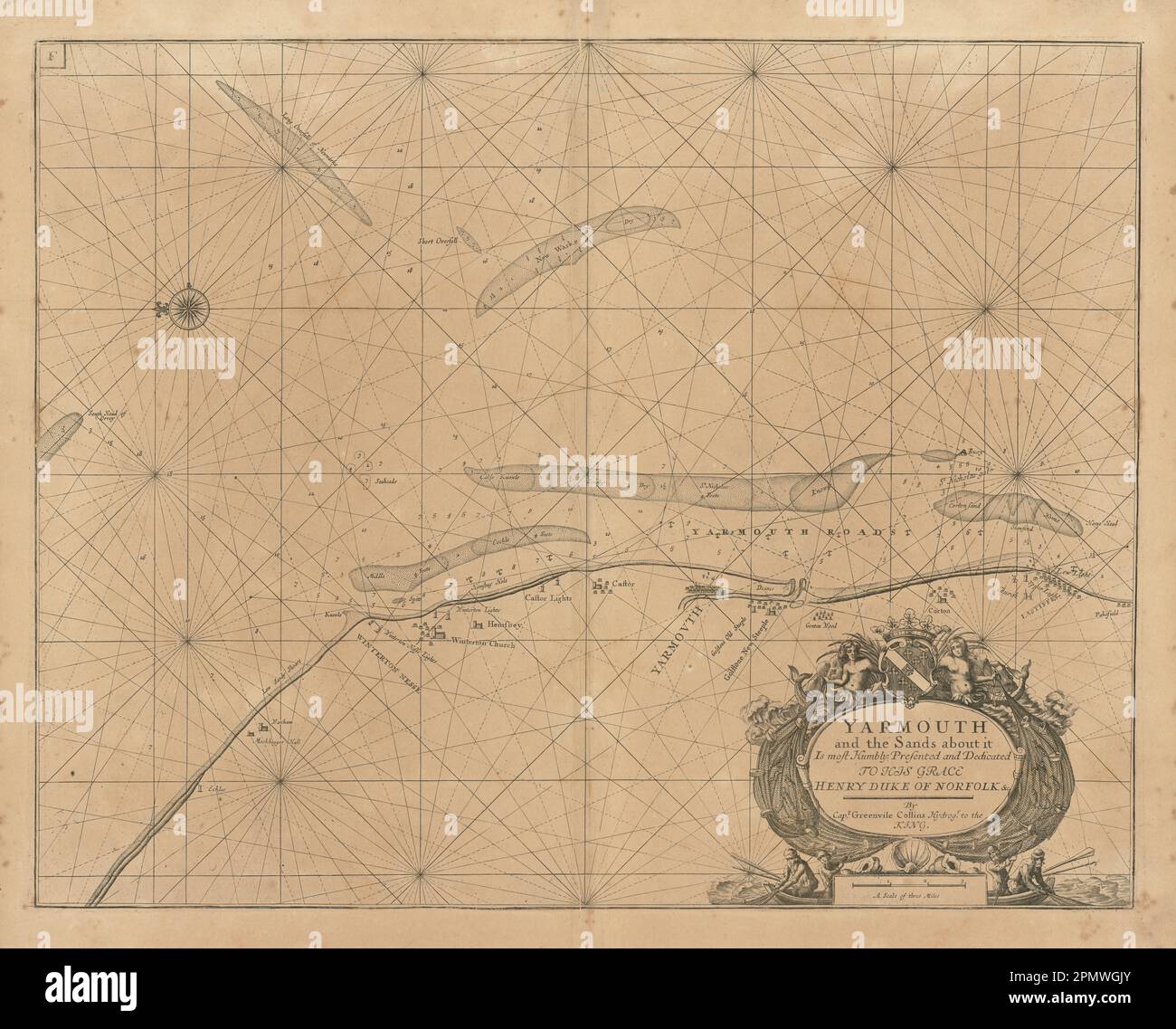 Great Yarmouth and the sands about it sea chart. Lowestoft. COLLINS 1693 map Stock Photo