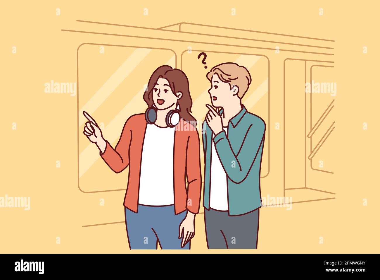 Man and woman are standing near subway or tamway car, choosing shortest path and discussing where to go next. Girl with headphones around neck helps tourist who has lost his way to choose path  Stock Vector