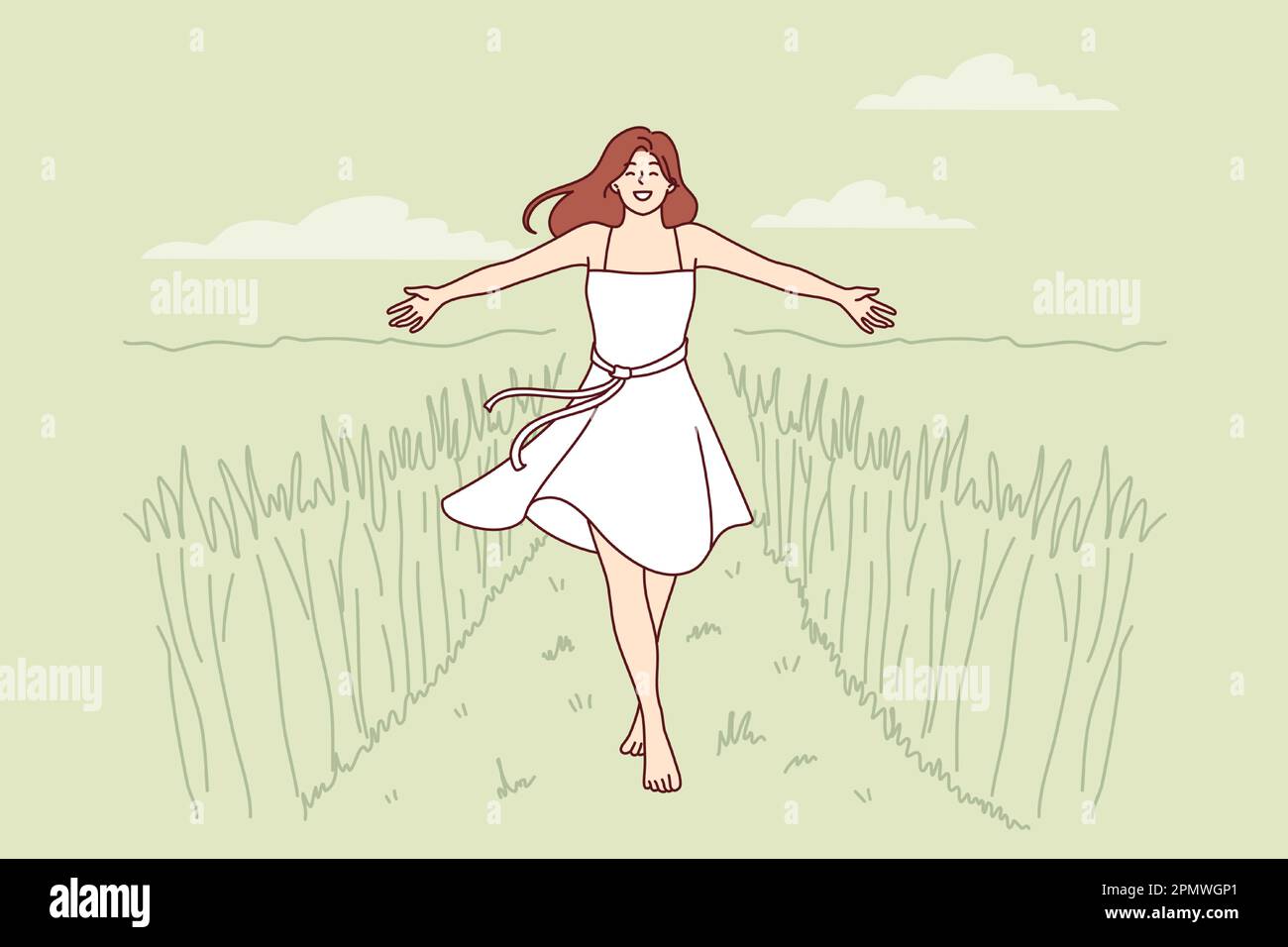 Woman walks along path among tall grass enjoying beautiful nature in rural or farming area. Girl in dress enjoys walk in wild nature or agricultural field in ecologically clean place.  Stock Vector