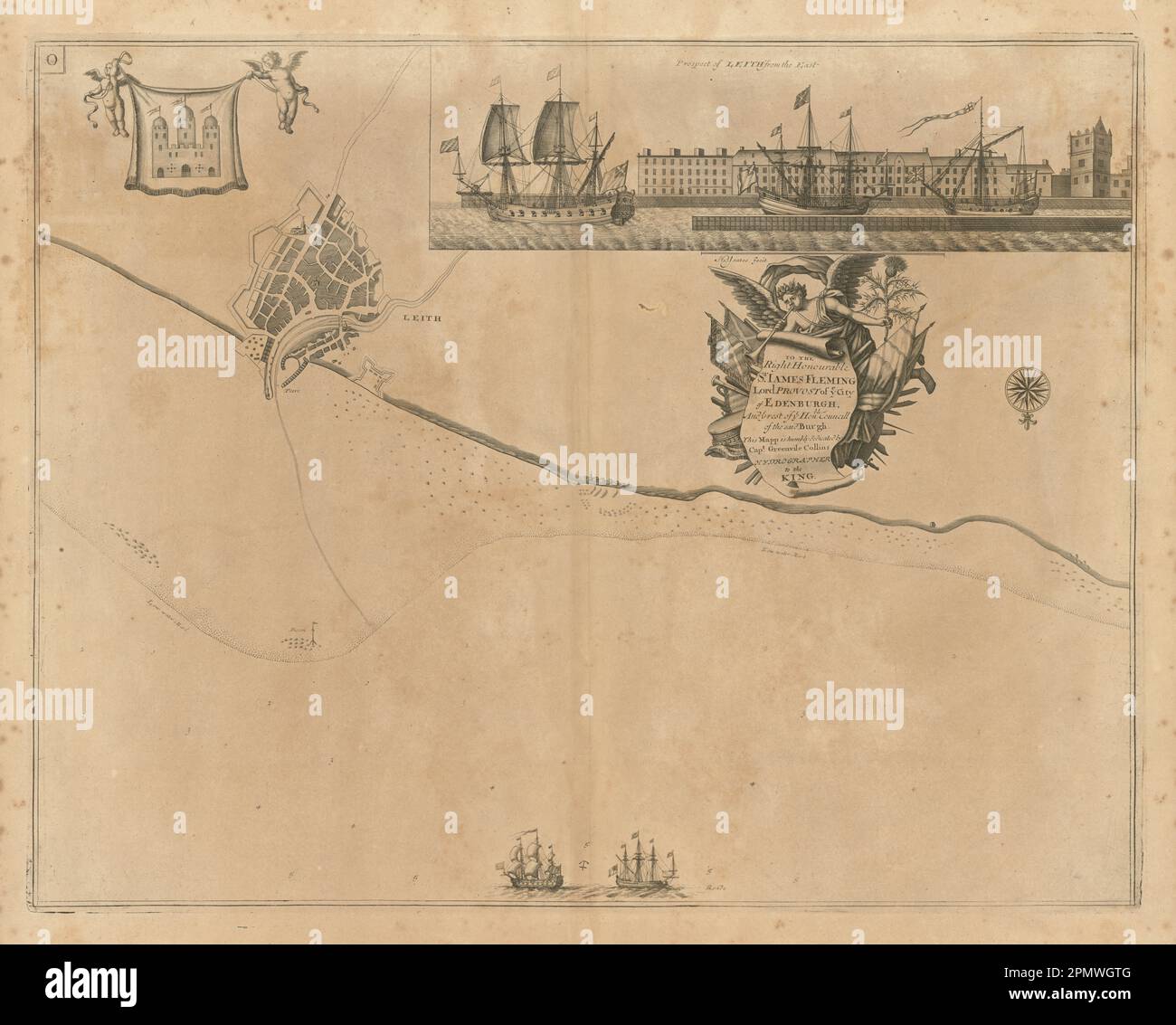 Navigation chart & view of LEITH, by Capt Greenvile COLLINS. Edinburgh 1693 map Stock Photo