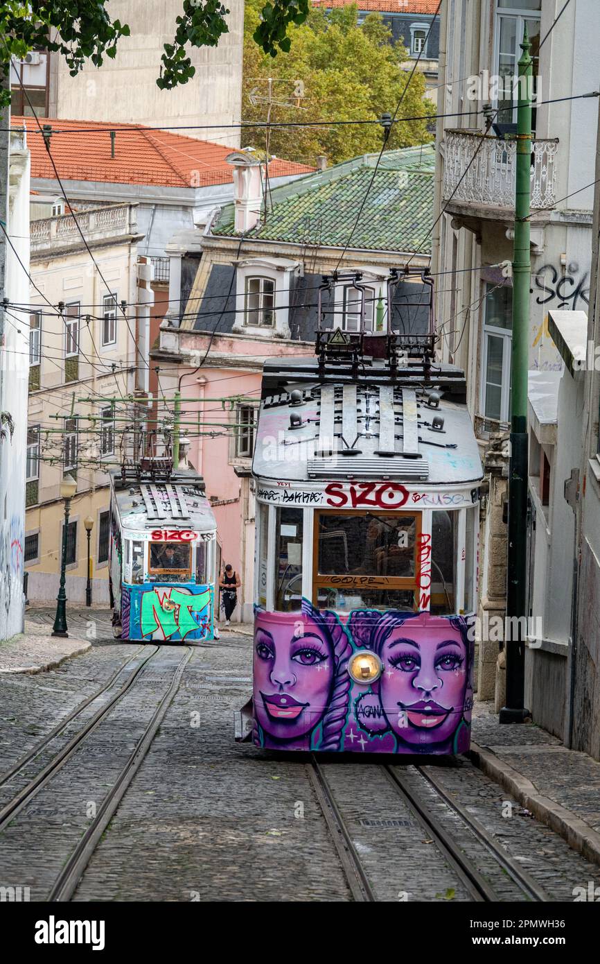 LISBON, PORTUGAL - OCTOBER 31, 2022: Funicular in the city center of Lisbon, National Monument in Portugal and a popular tourist attraction Stock Photo