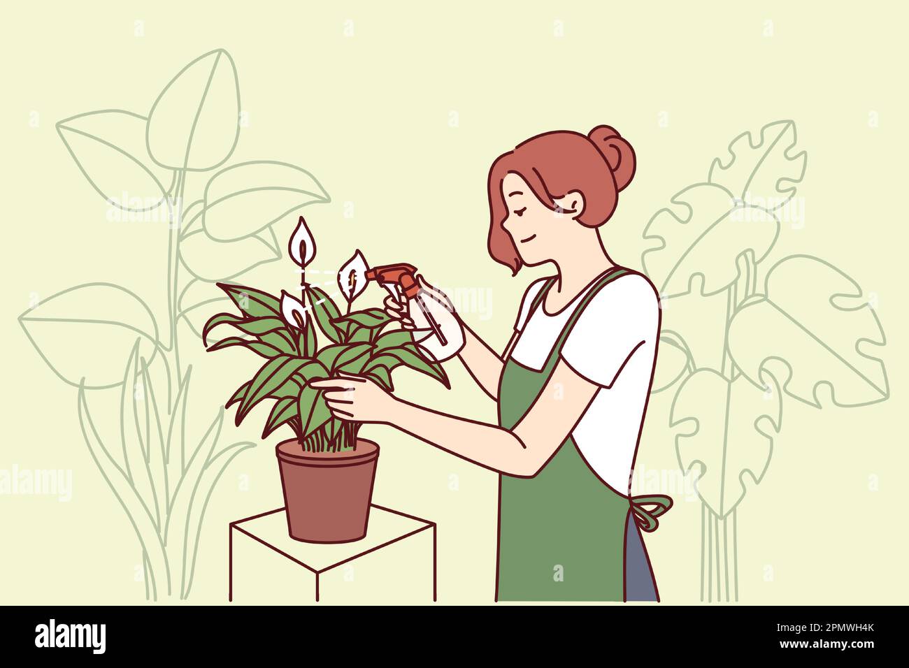 Woman gardener from greenhouse takes care of house plants by spraying leaves with fertilizer to get rid of termites. Florist girl works in greenhouse and breeds home plants for sale in own store Stock Vector