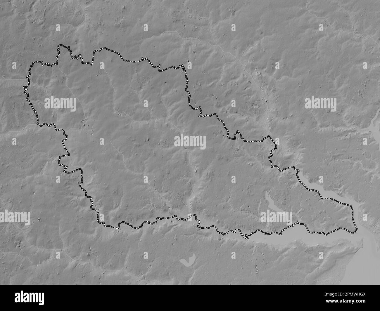 Babergh, non metropolitan district of England - Great Britain. Grayscale elevation map with lakes and rivers Stock Photo