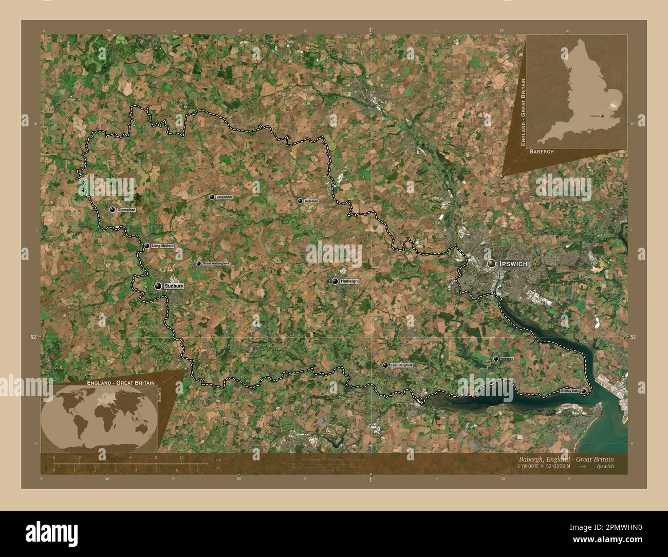 Babergh, non metropolitan district of England - Great Britain. Low resolution satellite map. Locations and names of major cities of the region. Corner Stock Photo