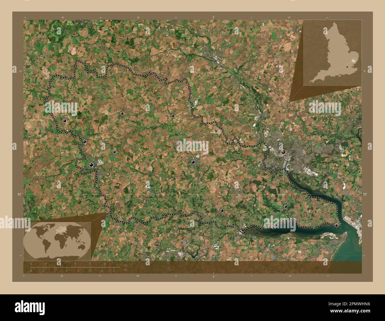 Babergh, non metropolitan district of England - Great Britain. Low resolution satellite map. Locations of major cities of the region. Corner auxiliary Stock Photo