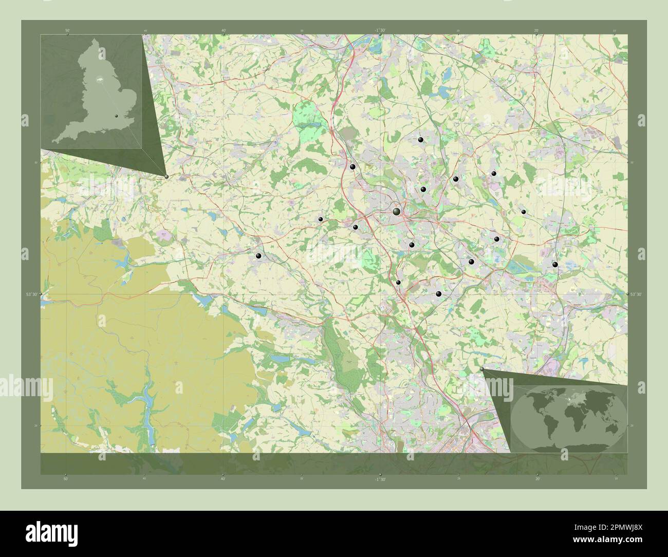 Barnsley, administrative county of England Great Britain. Open Street Map. Locations of major