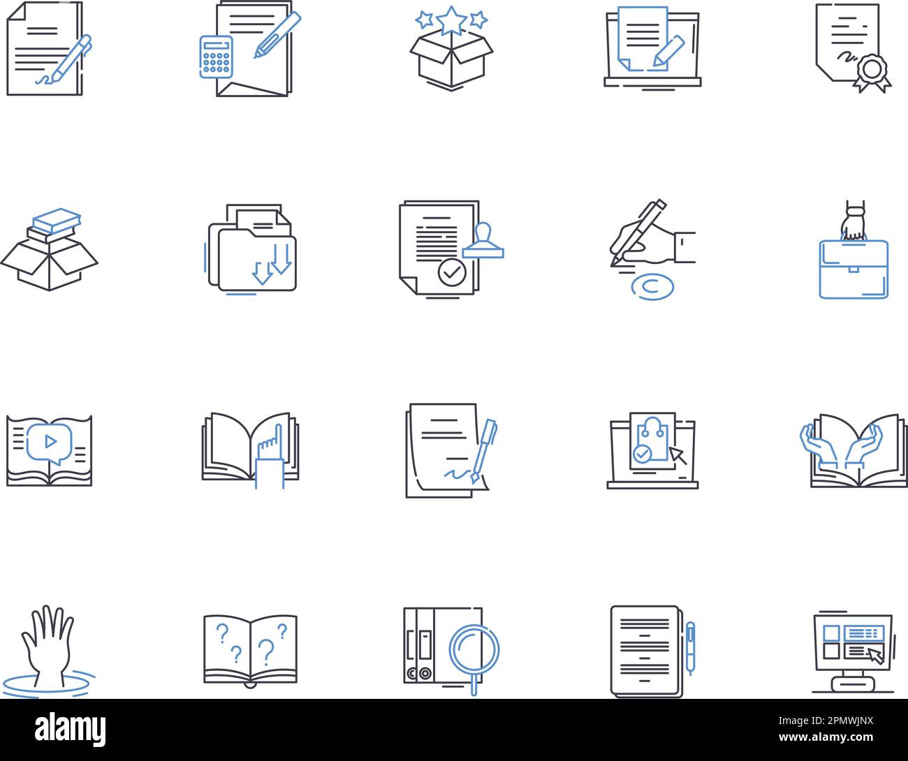 Book outline icons collection. Novel, Reading, Fiction, Textbook, Story, Library, Magazine vector and illustration concept set. Comic, Guide, Manual Stock Vector