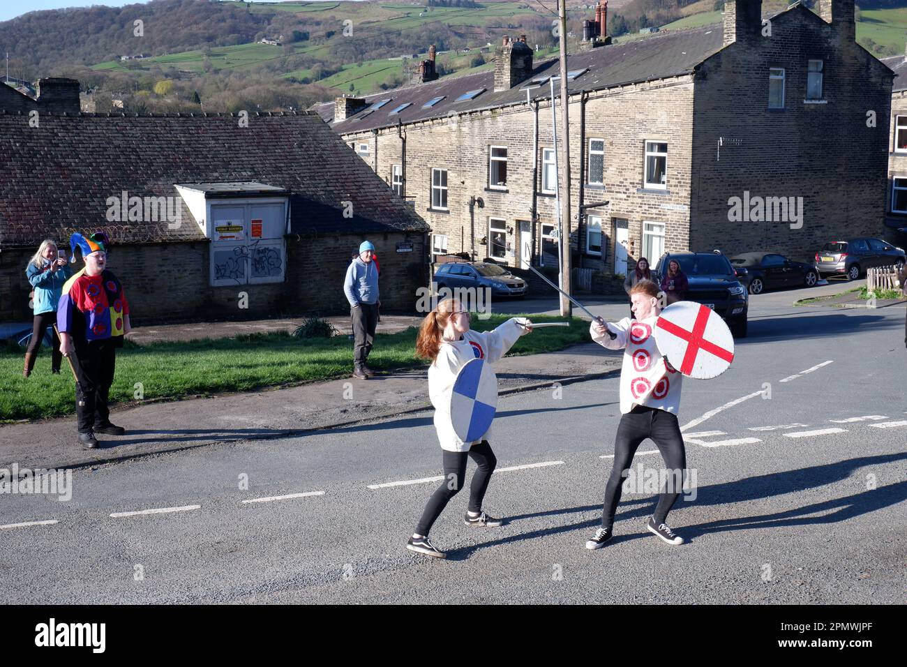 Midgley Pace Egg Play mummers play performed on the morning of Good Friday 2023 in Mytholmroyd Calderdale West Yorkshire an annual Easter tradition Stock Photo