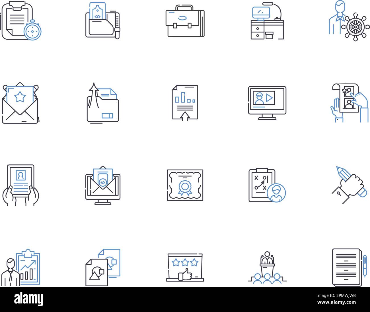 Presentation outline icons collection. Presentation, Speech, Slideshow, Demonstration, Exposition, Talk, Lecture vector and illustration concept set Stock Vector