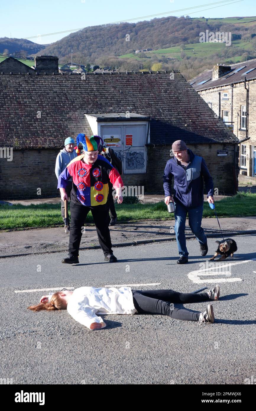 Midgley Pace Egg Play mummers play performed on the morning of Good Friday 2023 in Mytholmroyd Calderdale West Yorkshire an annual Easter tradition Stock Photo