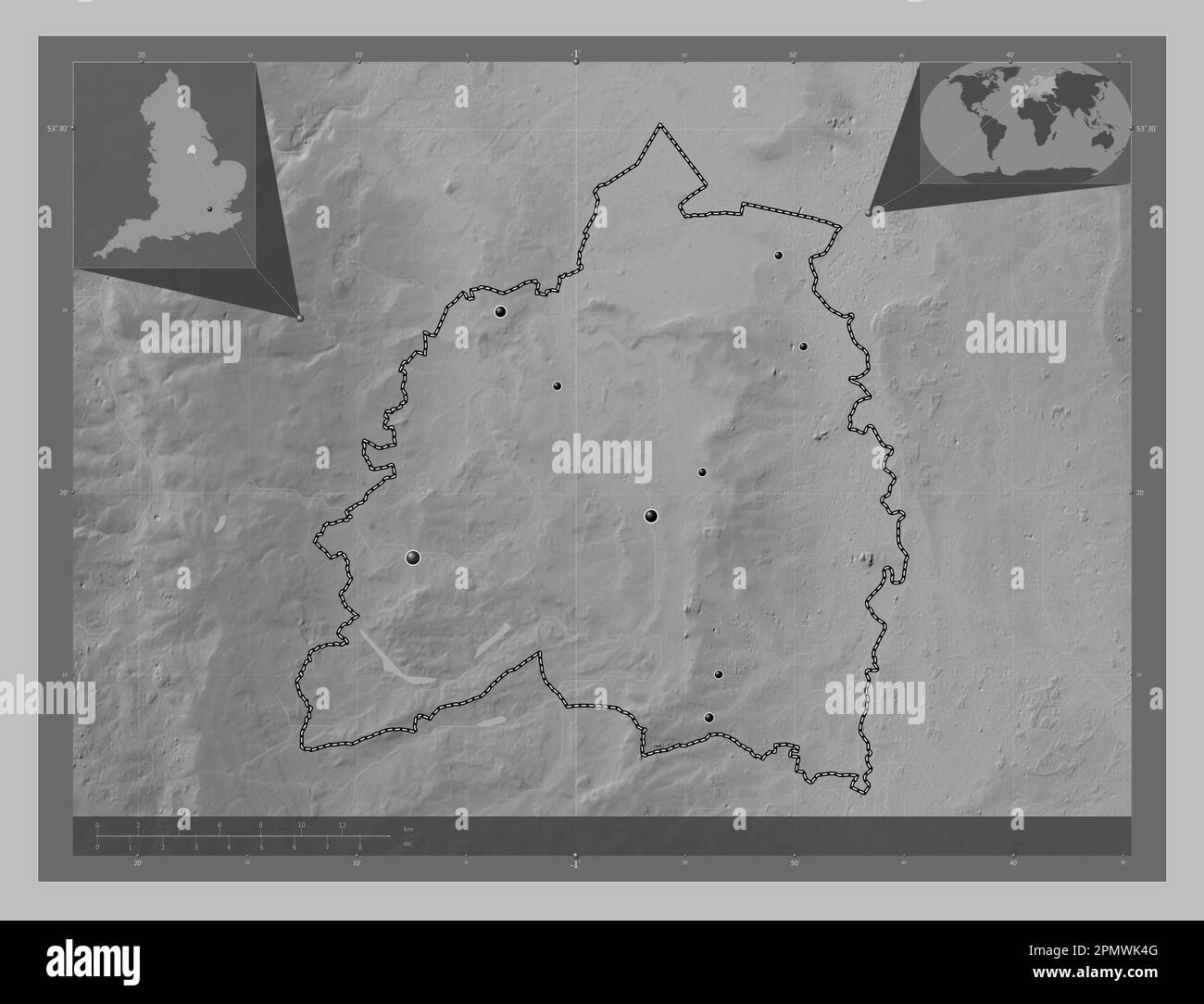 Bassetlaw, non metropolitan district of England - Great Britain. Grayscale elevation map with lakes and rivers. Locations of major cities of the regio Stock Photo