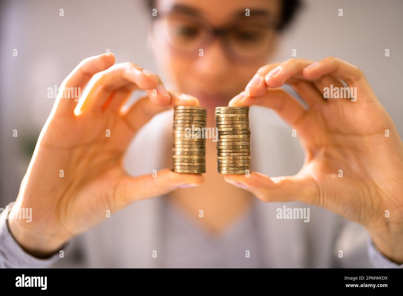 Compare Wage Gap, Money Pay And Equal Salary Stock Photo