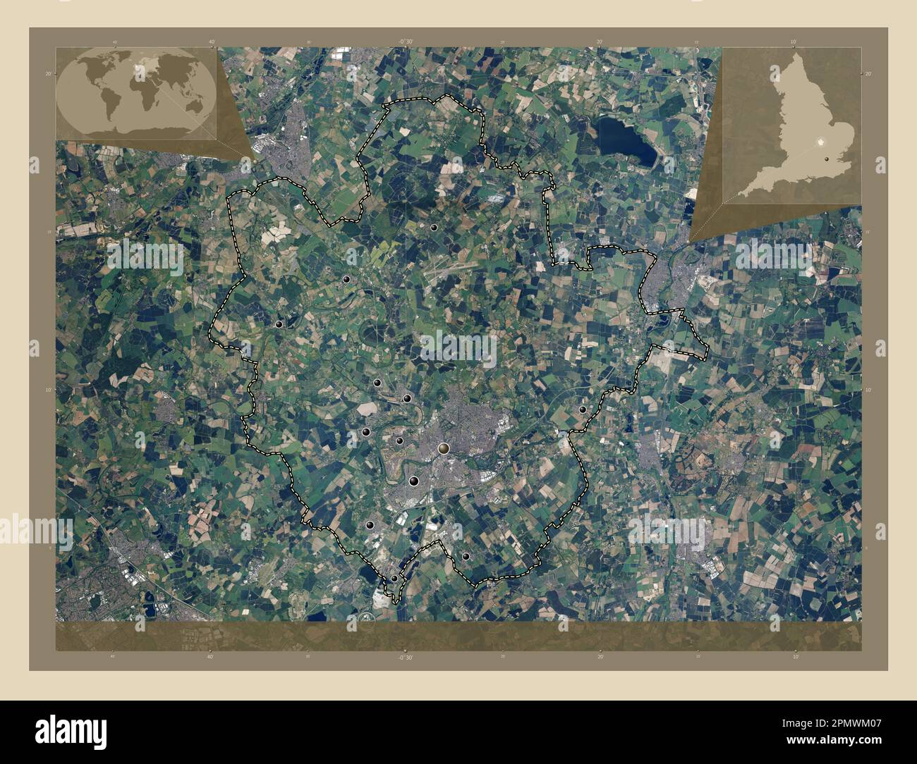 Bedford, administrative county of England - Great Britain. High resolution satellite map. Locations of major cities of the region. Corner auxiliary lo Stock Photo