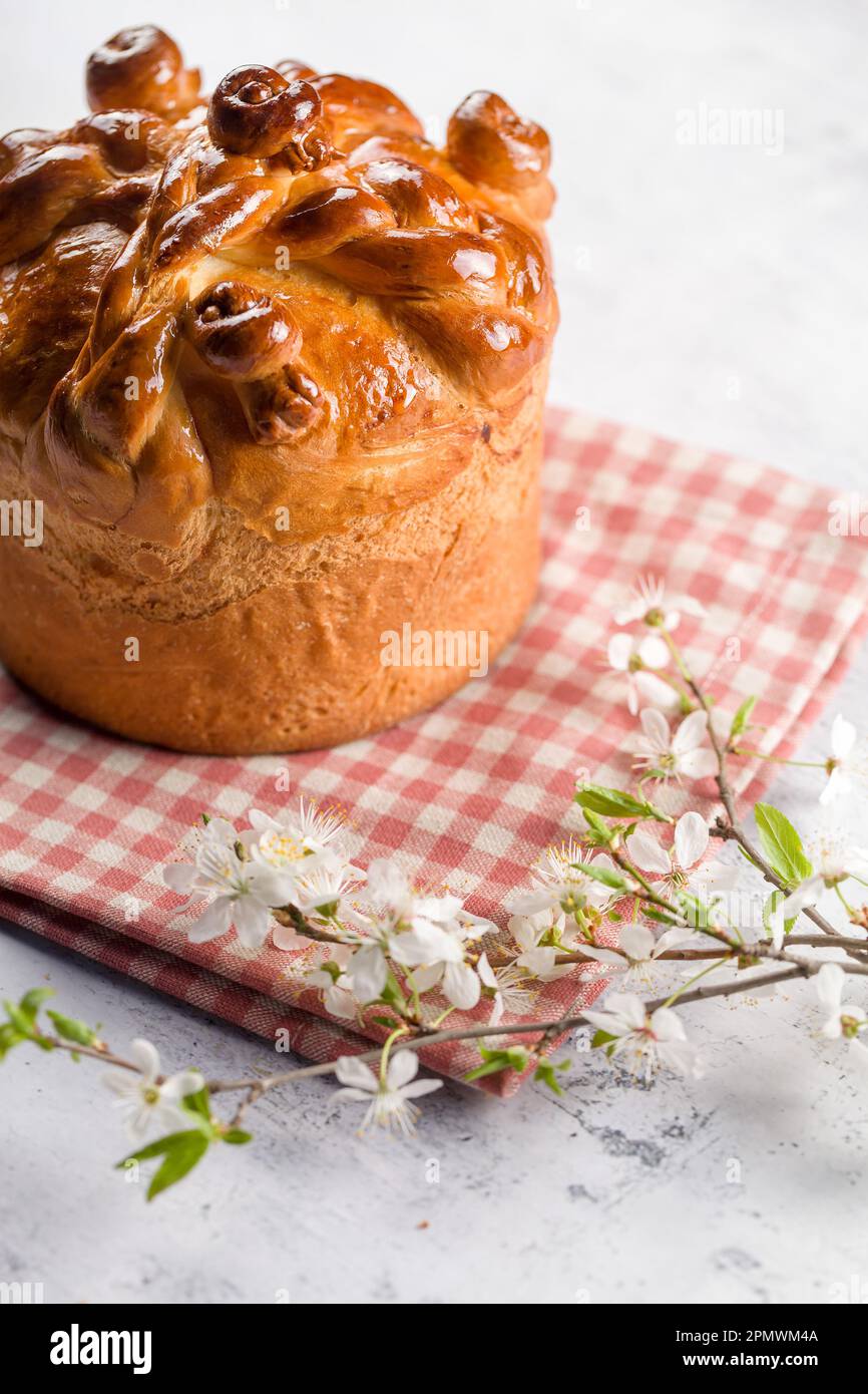 Homemade Easter cake with willow branches on a white background Stock Photo