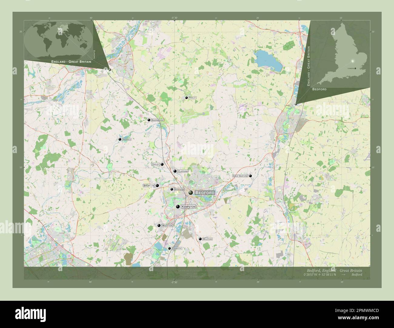 Bedford, administrative county of England - Great Britain. Open Street Map. Locations and names of major cities of the region. Corner auxiliary locati Stock Photo