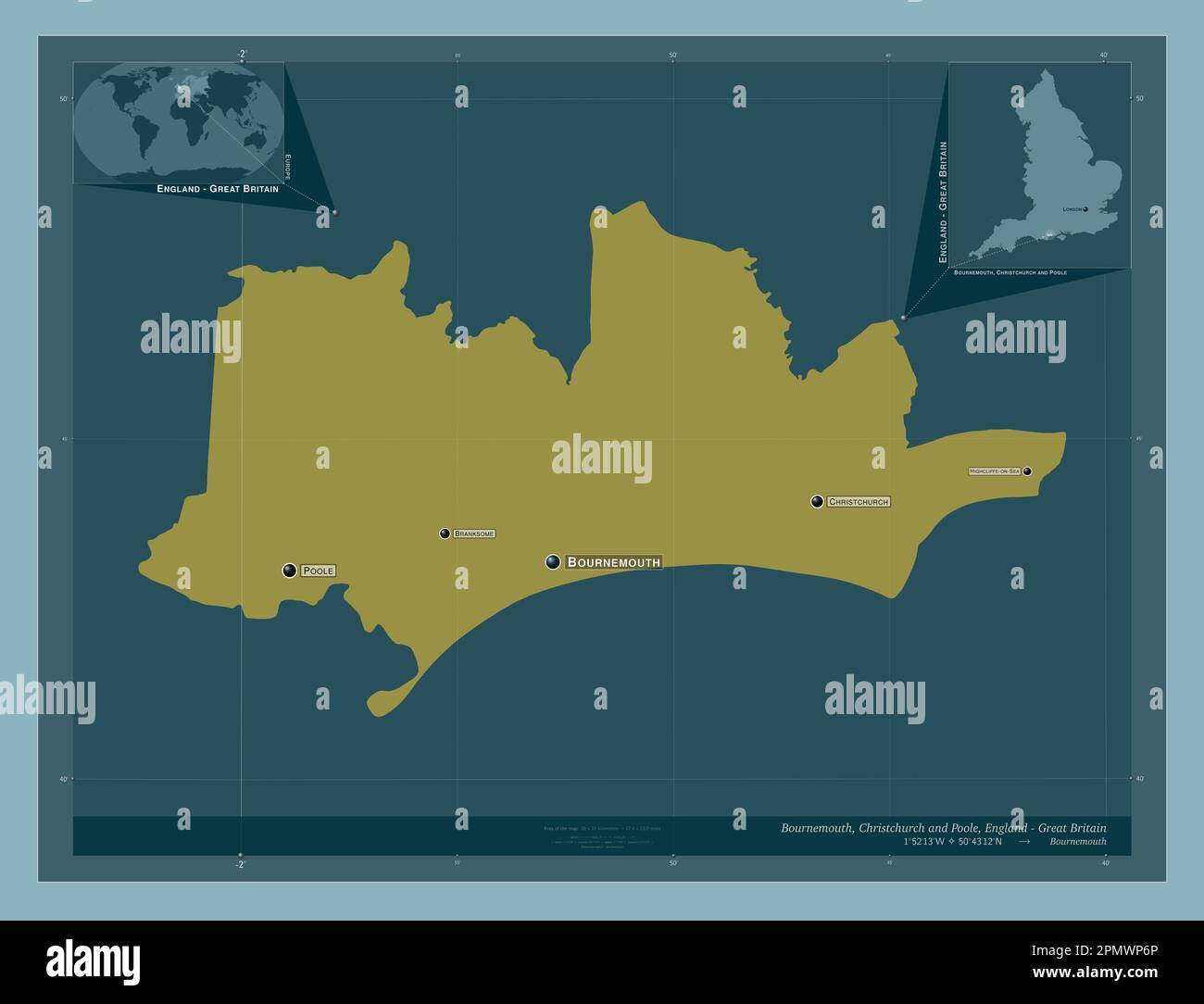 Bournemouth, Christchurch and Poole, unitary authority of England - Great Britain. Solid color shape. Locations and names of major cities of the regio Stock Photo