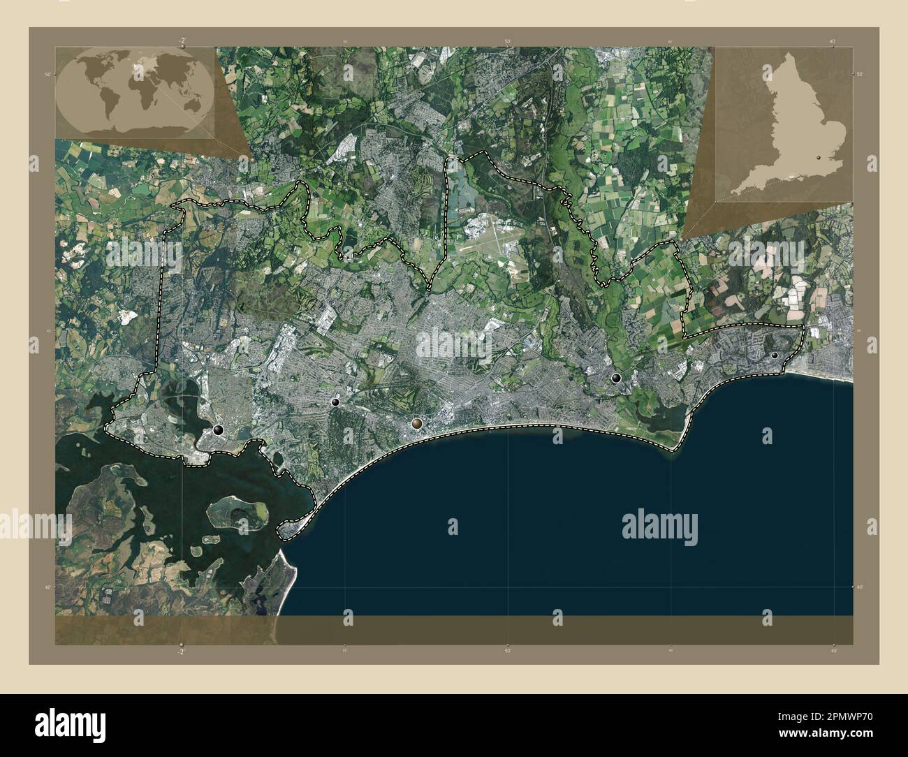 Bournemouth, Christchurch and Poole, unitary authority of England - Great Britain. High resolution satellite map. Locations of major cities of the reg Stock Photo