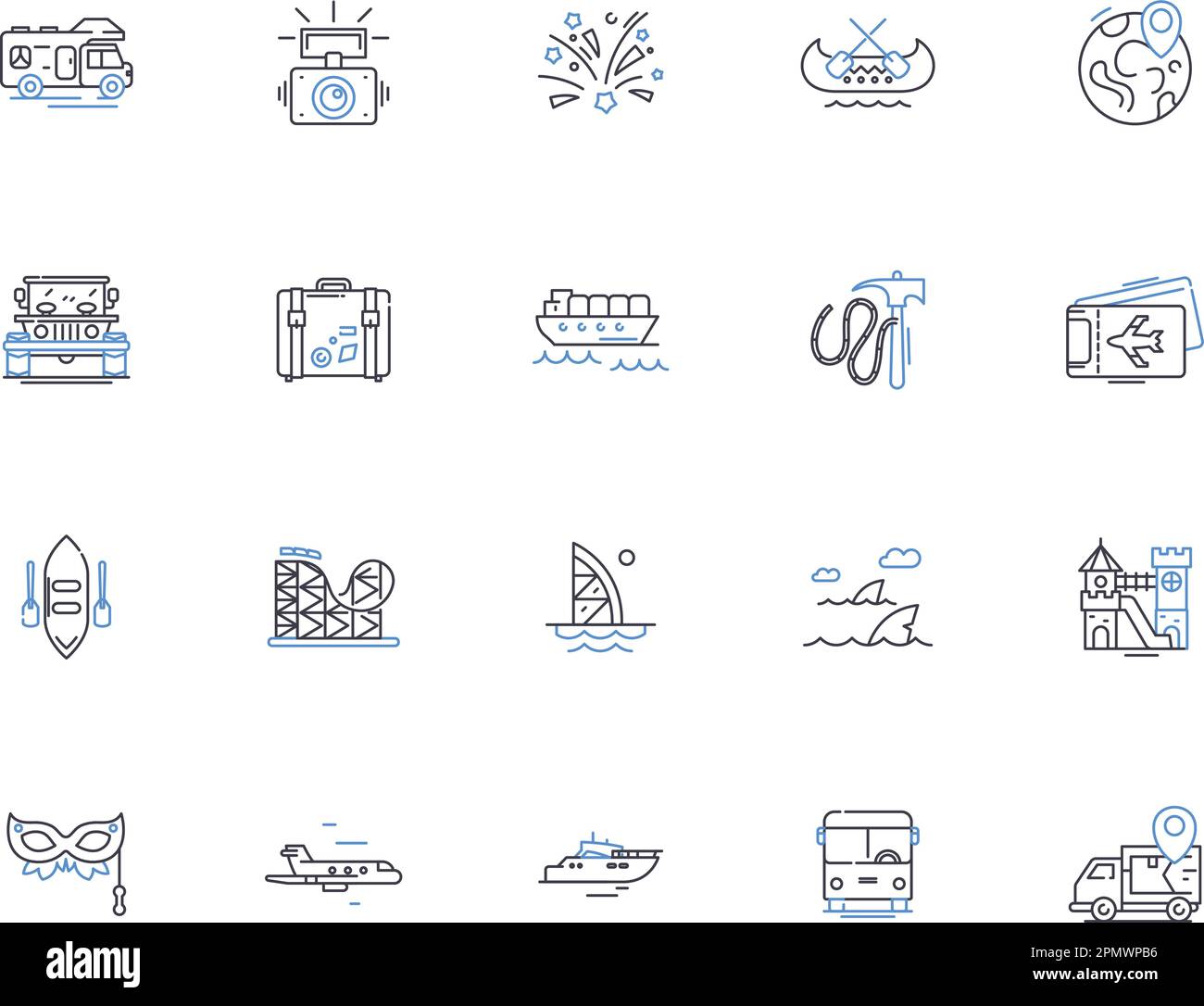 Travel outline icons collection. Trip, Tour, Journey, Voyage, Explore, Vacation, Fly vector and illustration concept set. Adventure, Sightsee, Road Stock Vector