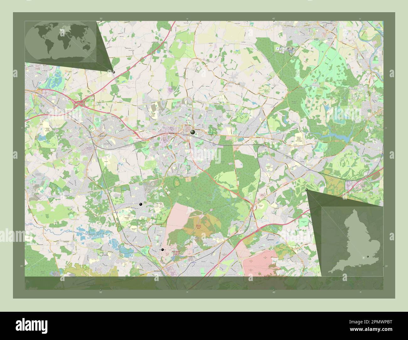 Bracknell Forest, administrative county of England - Great Britain. Open Street Map. Locations of major cities of the region. Corner auxiliary locatio Stock Photo