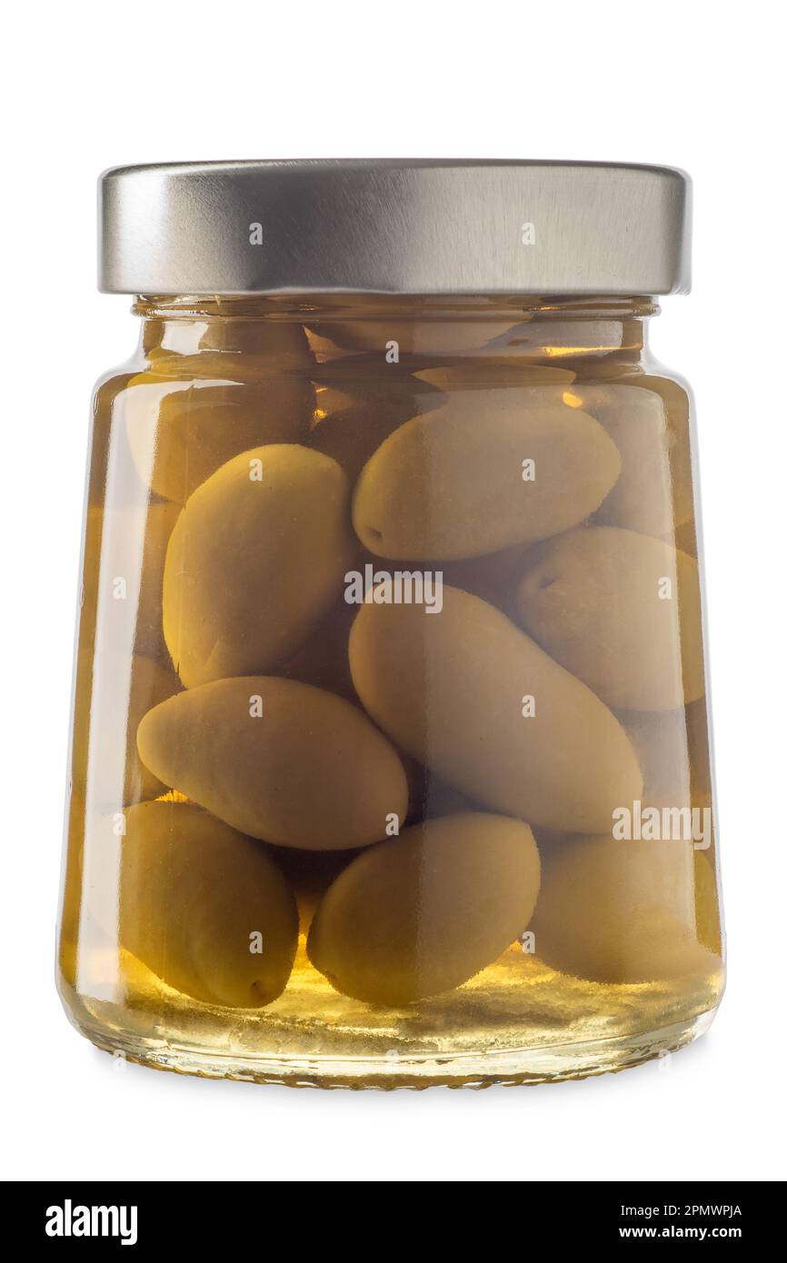Pickled green olives in glass jar isolated on white with clipping path