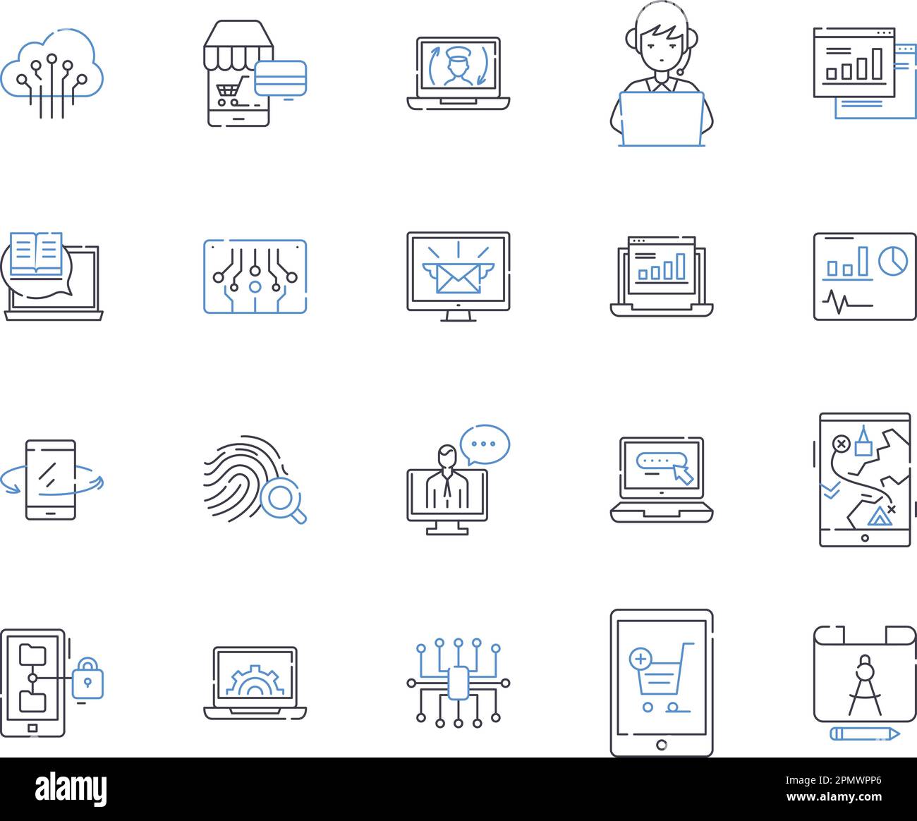 Gadjets and software outline icons collection. Gadgets, Software, Electronics, Technology, Computers, Phones, Tablets vector and illustration concept Stock Vector