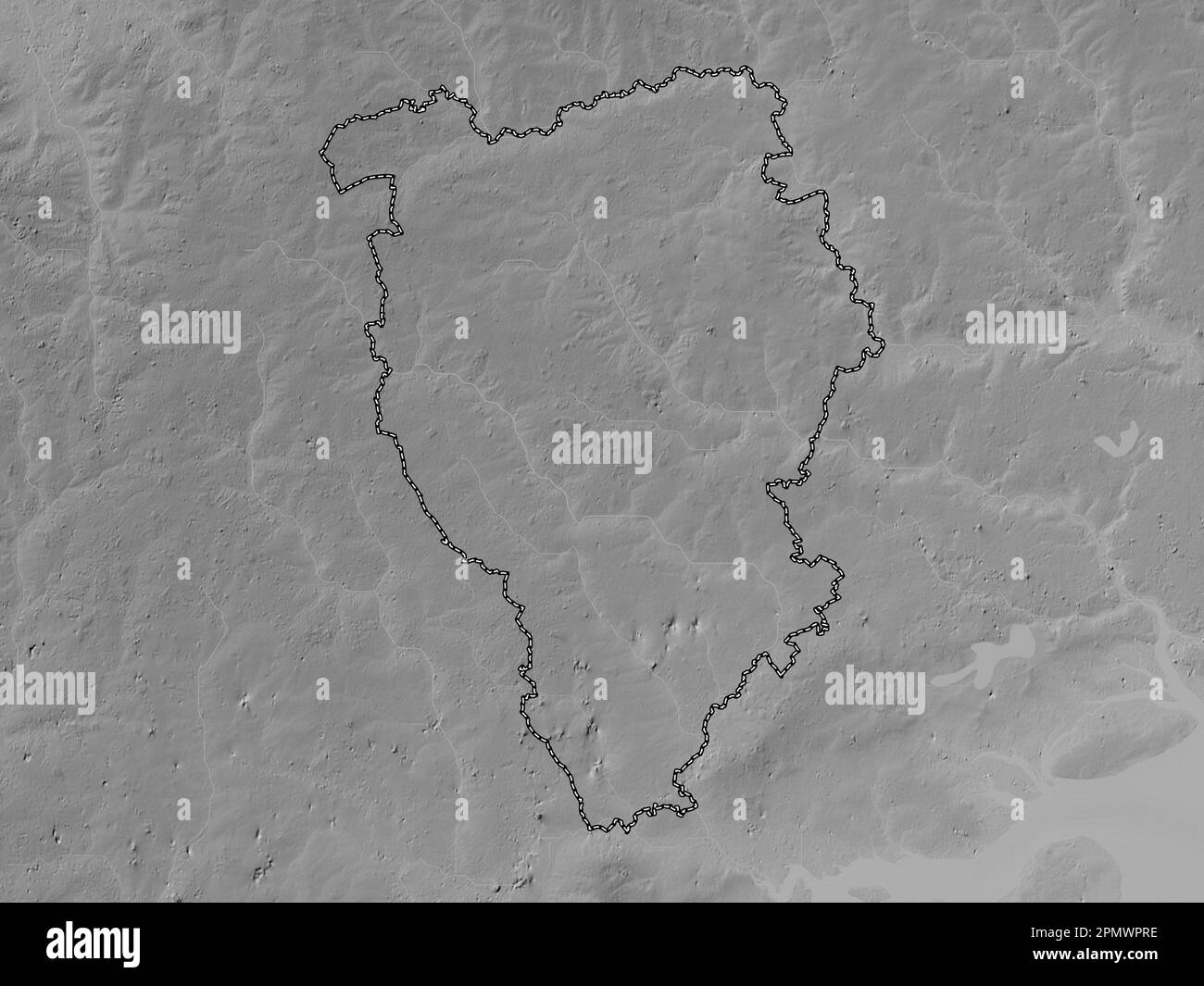 Braintree, non metropolitan district of England - Great Britain. Grayscale elevation map with lakes and rivers Stock Photo