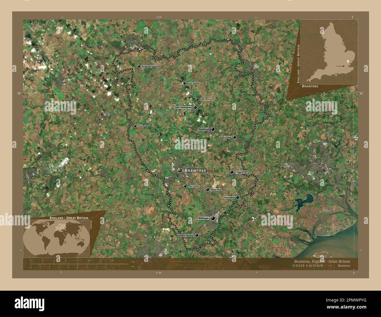 Braintree, non metropolitan district of England - Great Britain. Low resolution satellite map. Locations and names of major cities of the region. Corn Stock Photo