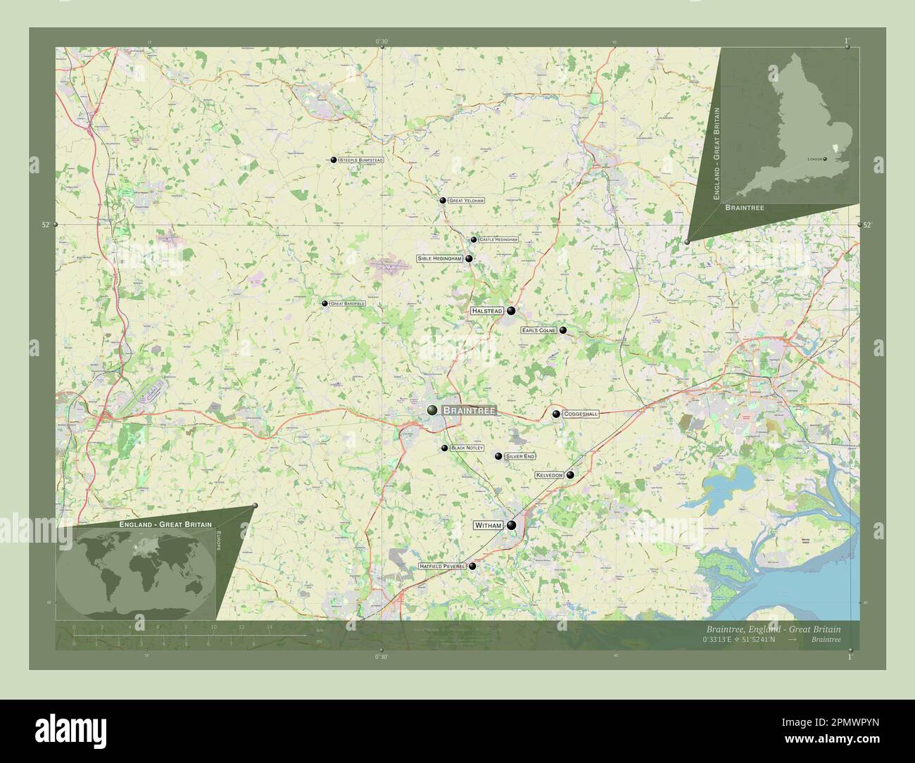 Braintree, non metropolitan district of England - Great Britain. Open Street Map. Locations and names of major cities of the region. Corner auxiliary Stock Photo