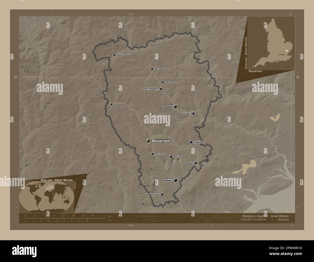 Braintree, non metropolitan district of England - Great Britain. Elevation map colored in sepia tones with lakes and rivers. Locations and names of ma Stock Photo