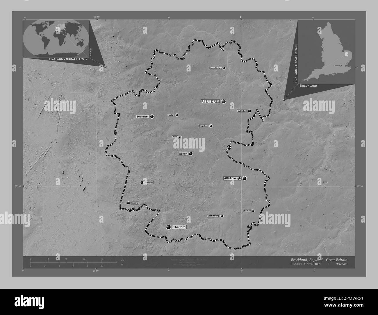 Breckland, non metropolitan district of England - Great Britain. Grayscale elevation map with lakes and rivers. Locations and names of major cities of Stock Photo