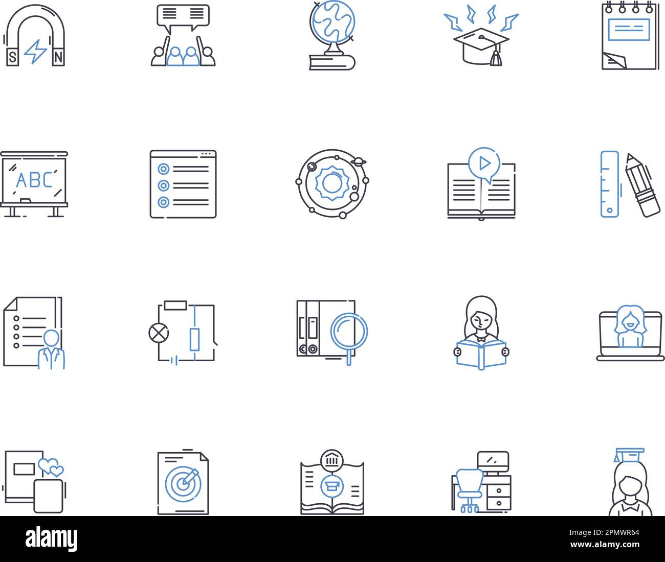 Homework outline icons collection. Exercise, Assignment, Task, Study, Quiz, Projects, Research vector and illustration concept set. Writing, Papers Stock Vector